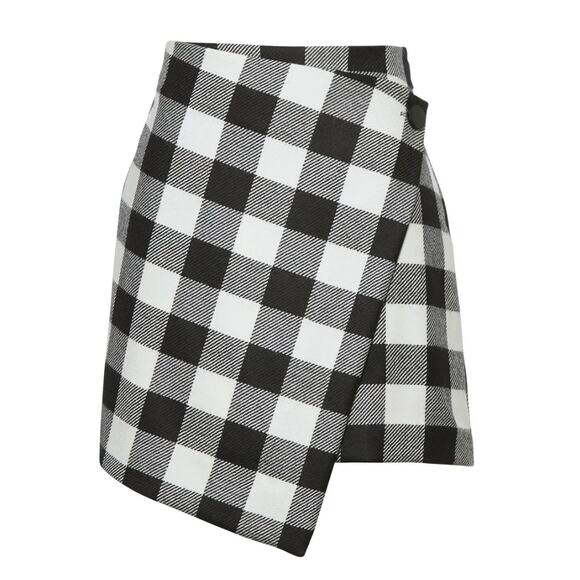 Milly Size 0 Black White Plaid Asymmetric Wrap Skirt Virgin Wool Exposed Button - Picture 12 of 12